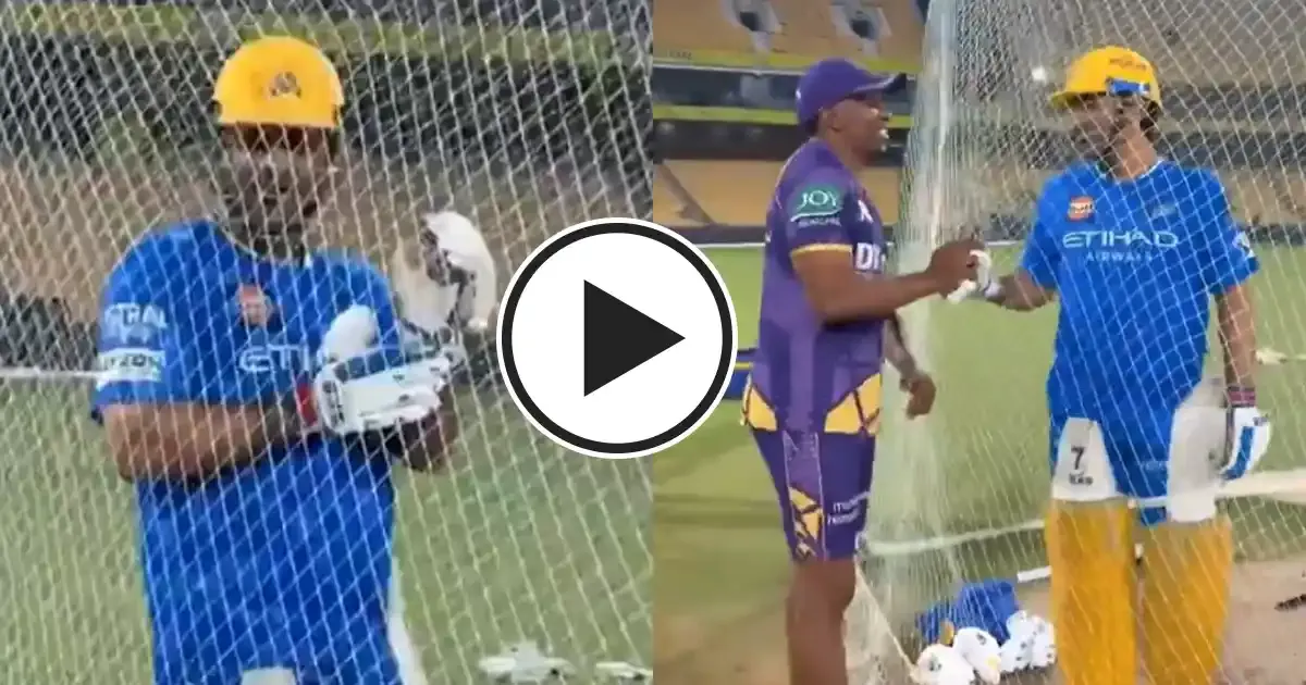 ms dhoni engages in fun banter with dwayne bravo ahead of csk vs kkr ipl 2025 match 1
