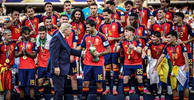 us president donald trump presents world cup trophy to spain after historic 2026 final victory