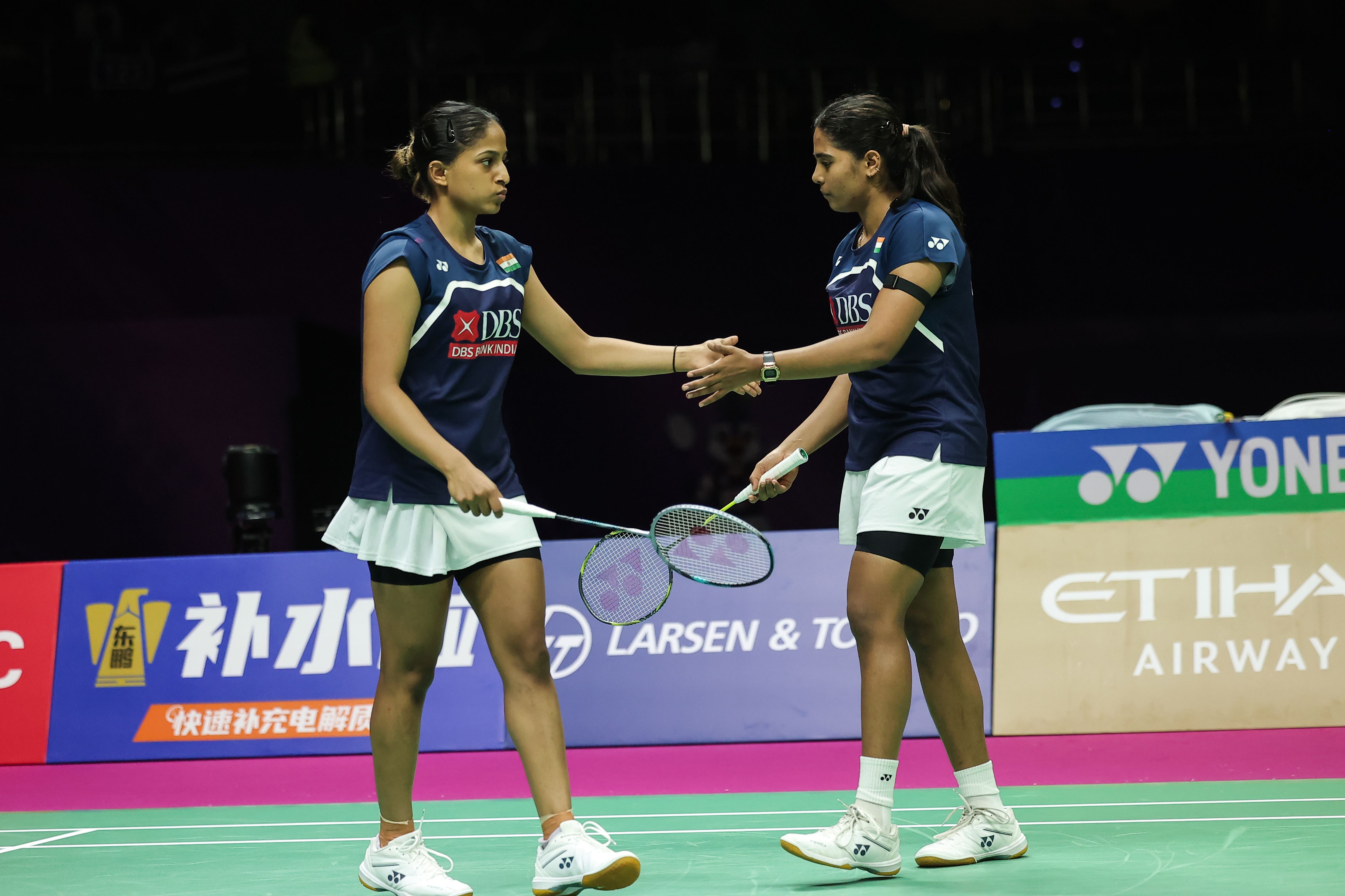 treesa jolly gayatri gopichand pullela celebrating a point during day 5 of the bwf world championships 2026 being held at the indira gandhi indoor stadium jpg